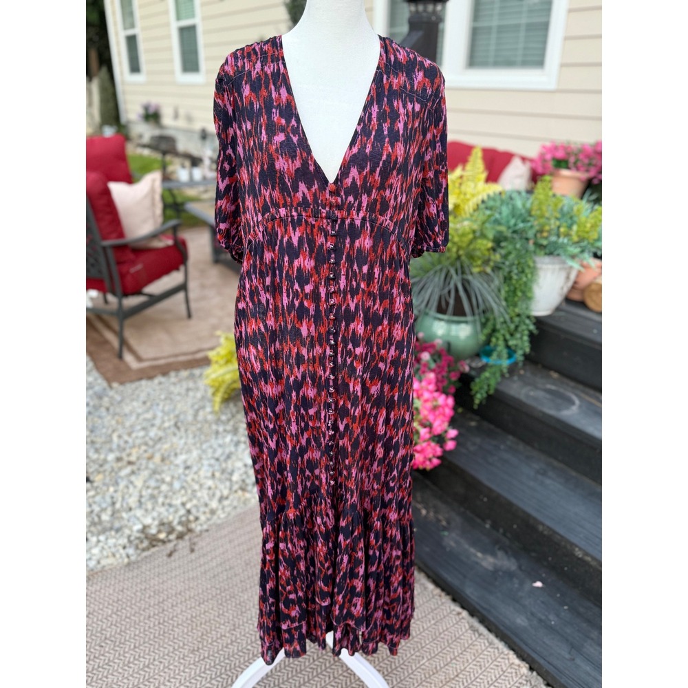 NWOT Anthropologie Abstract Ikat Maxi Dress Pink Purple Button Front XL Petite